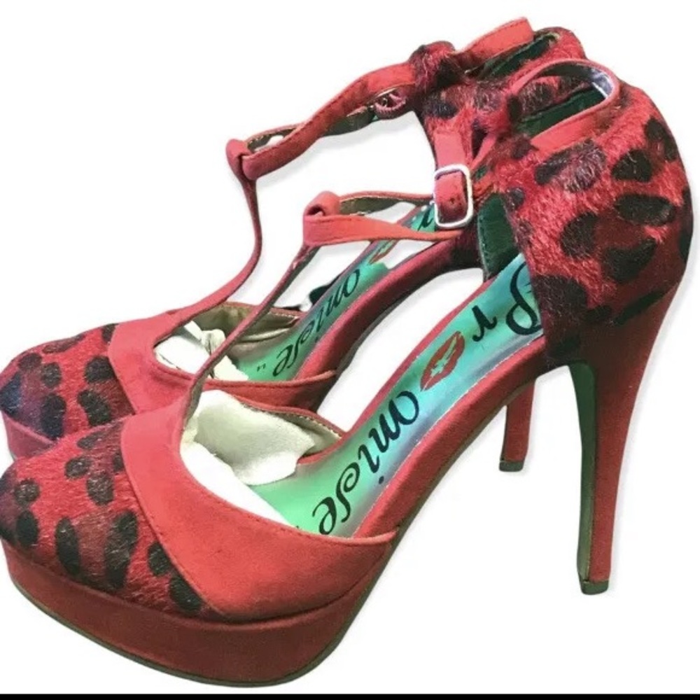 Promise Red T Strap Leopard Calf Hair Platform Heels Stilettos Size 6 New